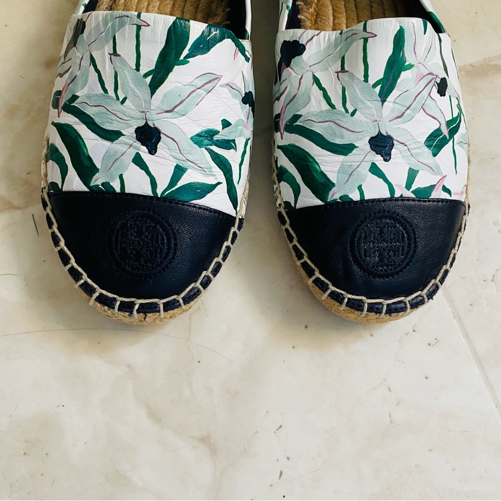 $228 Tory Burch Colorblock Floral Print Leather Round Toe Espadrille Flats sz 6 - Picture 5 of 11